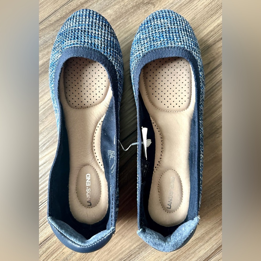 Land's End Women's Wide Width Comfort Elastic Slip On Flat Shoes Navy Heather